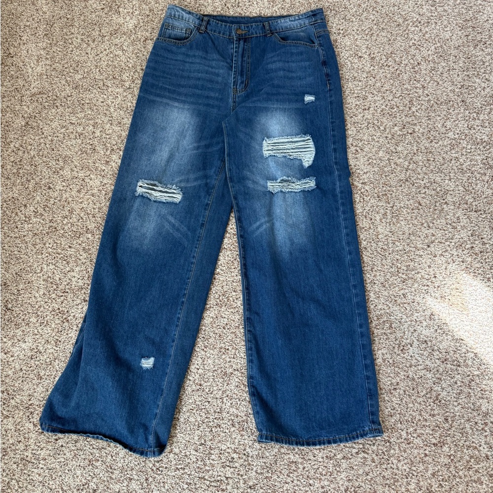 Distressed Blue Wide-Leg Jeans